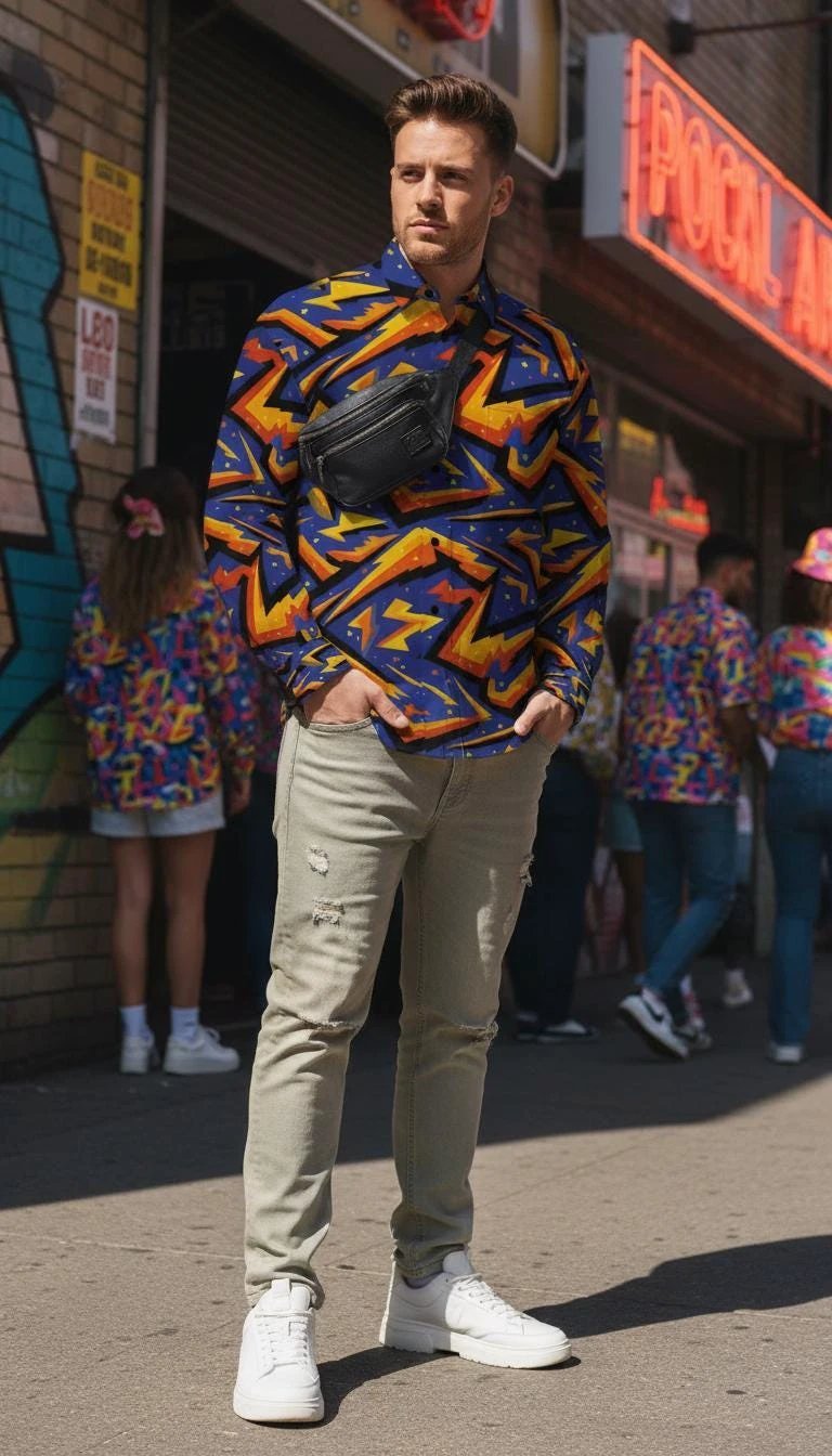 Geometric Glitch Art Button Down Shirt | 90s Arcade Streetwear by Aesthetic Rebellion
