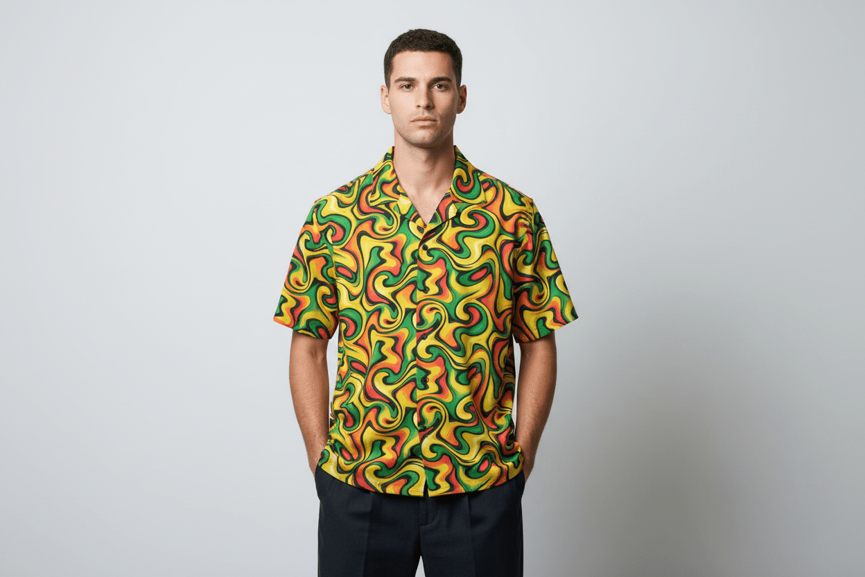 Retro Vibes Camp Shirt for the Most Interesting Dresser at Summer — AOP 100% Polyester Sublimation Hawaiian, Button Front Linen Texture, Vacation Party Beach Festival Menswear