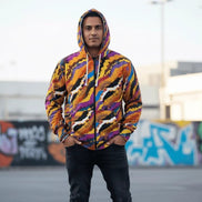 All-over print painterly zip hoodie with seamless watercolor strata pattern, hood up