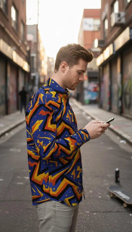 Geometric Glitch Art Button Down Shirt | 90s Arcade Streetwear by Aesthetic Rebellion