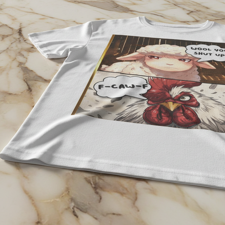 Wool You F-Caw-F | Anime Meme Graphic Tee — Chaotic Barnyard Humor T-Shirt for Internet Culture | Aesthetic Rebellion