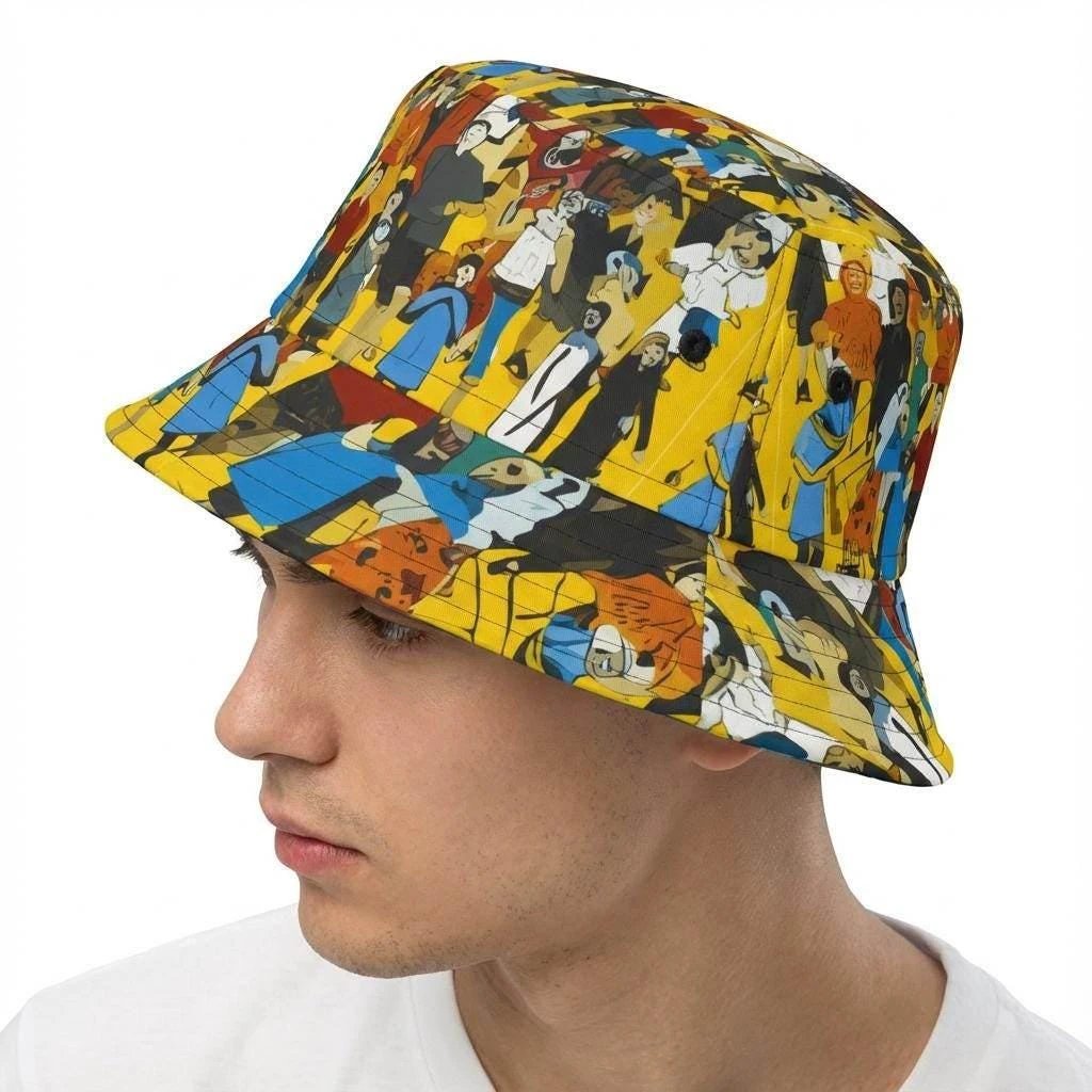 Crowd Theory Designer Bucket Hat - Vibrant Illustrated Festival Accessory for Urban Maximalists by Aesthetic Rebellion