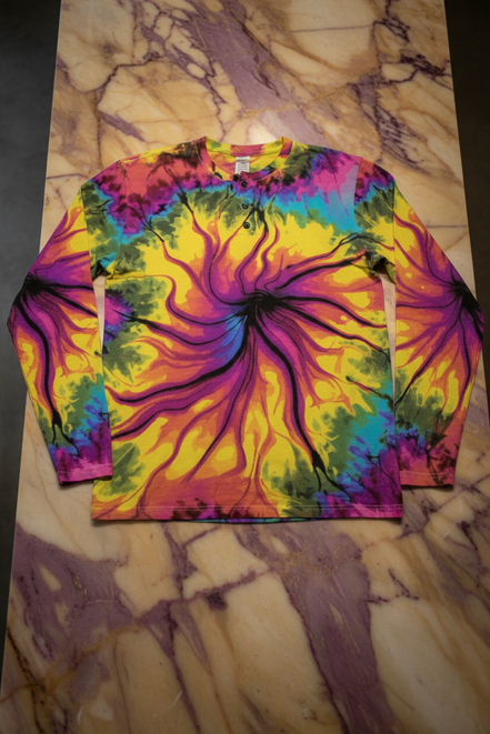 Cyber-Marble Liquid Glitch Long Sleeve Henley — Maximalist AOP Streetwear Top, 280gsm Polyester-Spandex, Glitchcore Digital Marble Print, Men's Bold Art Shirt