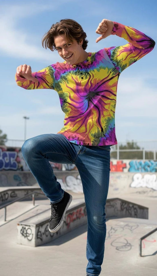 Cyber-Marble Men's Henley – Liquid Glitch Streetwear Top – Maximalist Long Sleeve Art Shirt by Aesthetic Rebellion