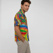 Psychedelic Swirl Camp Shirt - Vibrant Maximalist Hawaiian Shirt for Summer Festivals by Aesthetic Rebellion