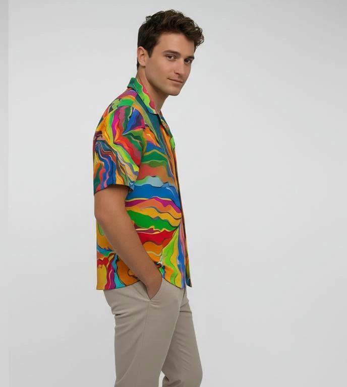 Psychedelic Swirl Camp Shirt - Vibrant Maximalist Hawaiian Shirt for Summer Festivals by Aesthetic Rebellion
