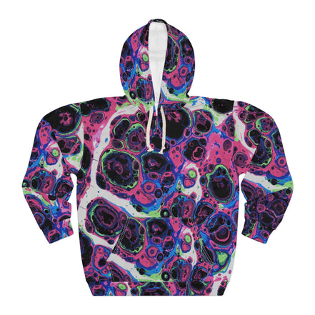 Liquid Psychedelic Neon Cellular AOP Hoodie by Dyles Mavis — Abstract Maximalist Motif Pullover, Electric Nightscape Print, Festival Indie Artist Streetwear Statement