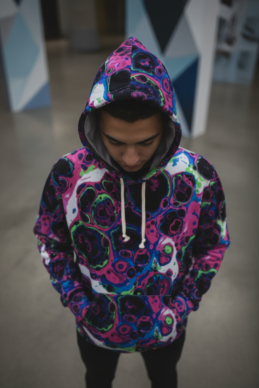 Liquid Psychedelic Neon Cellular AOP Hoodie by Dyles Mavis — Abstract Maximalist Motif Pullover, Electric Nightscape Print, Festival Indie Artist Streetwear Statement