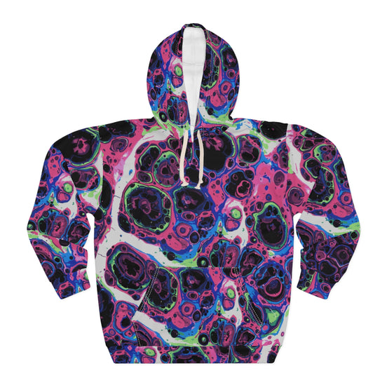 Liquid Psychedelic Neon Cellular AOP Hoodie by Dyles Mavis — Abstract Maximalist Motif Pullover, Electric Nightscape Print, Festival Indie Artist Streetwear Statement