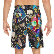 Neon Skeletal Mosaic AOP Shorts for Rave and Streetwear Collectors — Bold Retro Neon Athletic Basketball Shorts, Quick-Dry Festival Gym Activewear, Unisex Statement