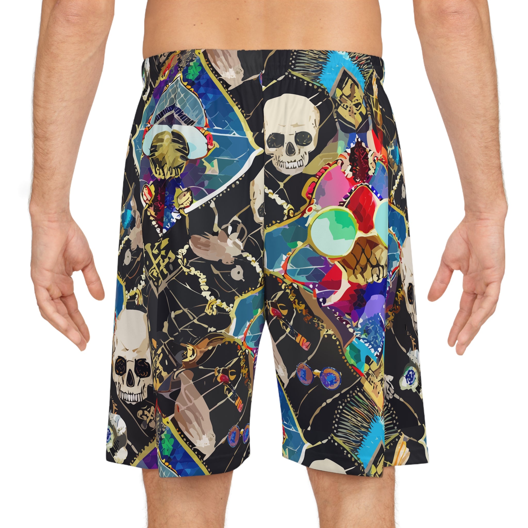 Neon Skeletal Mosaic AOP Shorts for Rave and Streetwear Collectors — Bold Retro Neon Athletic Basketball Shorts, Quick-Dry Festival Gym Activewear, Unisex Statement