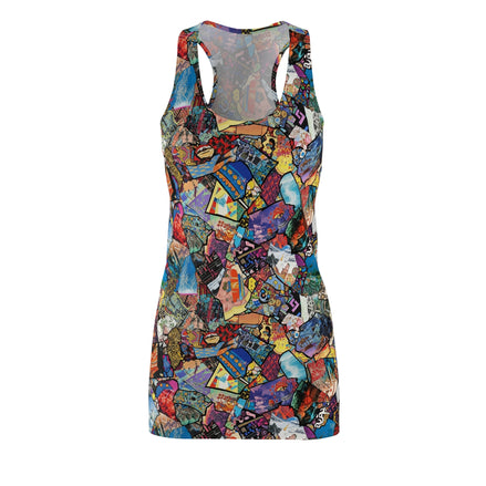 Mosaic Carnival Racerback Dress — Colorful Collage AOP Cut & Sew Bodycon for Festival Season | Aesthetic Rebellion