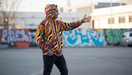 Aesthetic Rebellion painterly print zip hoodie, brushed fleece interior visible