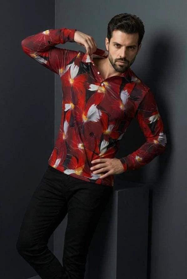 Artsy Floral Men’s Long Sleeve Polo - Polished Maximalist Workwear for Hospitality & Wine Ambassadors by Aesthetic Rebellion