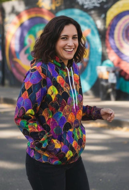 Rainbow Fish Primal Print Hoodie - Vibrant Aquatic Art Sweatshirt for Bold Streetwear by Aesthetic Rebellion