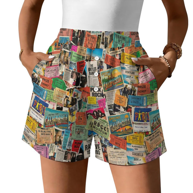 Maximalist Lounge Shorts for WFH Self-Expressers — Ticket Nation AOP Sleep Shorts, Aesthetic Pajama Wear, Inclusive Plus Size Loungewear, Statement Sleepwear, Women's Bold Print