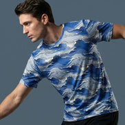 Modern Blue Geometric Wave T-Shirt Inspired by Seigaiha Art - Aesthetic Rebellion