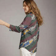 Modern Abstract Geometric Brushstroke Button-Up Blouse in Earthy Jewel Tones - Aesthetic Rebellion