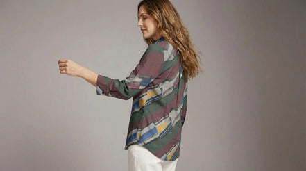 Modern Abstract Geometric Brushstroke Button-Up Blouse in Earthy Jewel Tones - Aesthetic Rebellion