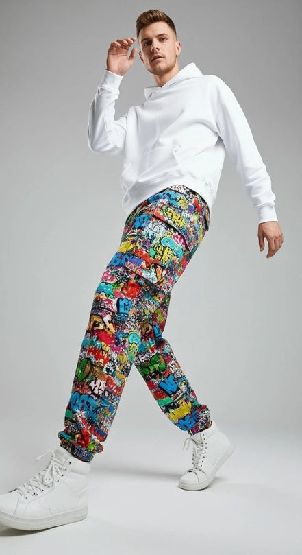 Abstract Graffiti Print Cargo Pants | Men's Streetwear Utility Trousers by Aesthetic Rebellion