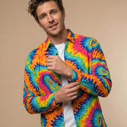 Vibrant Rainbow Psychedelic Tie Dye Button Up Shirt – Groovy Neon Swirl Casual Long Sleeve - Aesthetic Rebellion