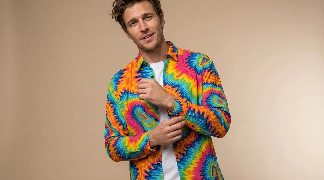 Vibrant Rainbow Psychedelic Tie Dye Button Up Shirt – Groovy Neon Swirl Casual Long Sleeve - Aesthetic Rebellion