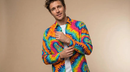 Vibrant Rainbow Psychedelic Tie Dye Button Up Shirt – Groovy Neon Swirl Casual Long Sleeve - Aesthetic Rebellion