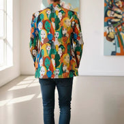 Urban Crowd Faces Designer Blazer - Bold All-Over Print Cotton Suit Jacket for Creatives by Aesthetic Rebellion