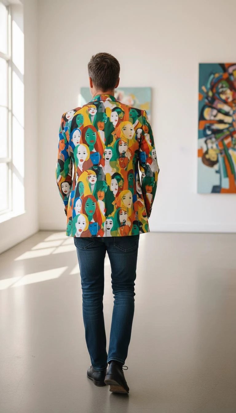Urban Crowd Faces Designer Blazer - Bold All-Over Print Cotton Suit Jacket for Creatives by Aesthetic Rebellion