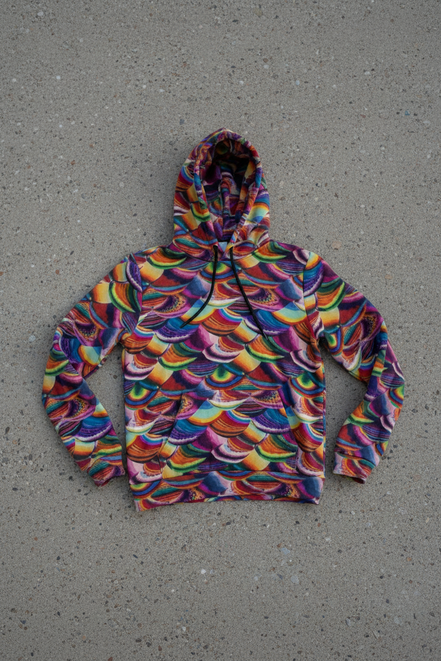 Prismatic Dragon Scale Athletic Hoodie for Fantasy and Bold Fitness Dressers — Rainbow AOP Maximalist Activewear, Iridescent Scale Print Statement Sweatshirt