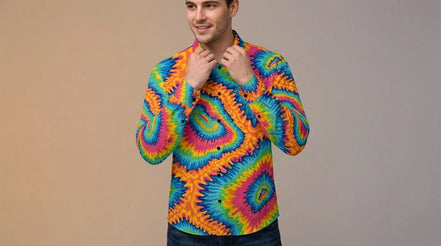 Psychedelic Rainbow Spiral Tie-Dye Shirt, Groovy Vibrant Button-Down - Aesthetic Rebellion