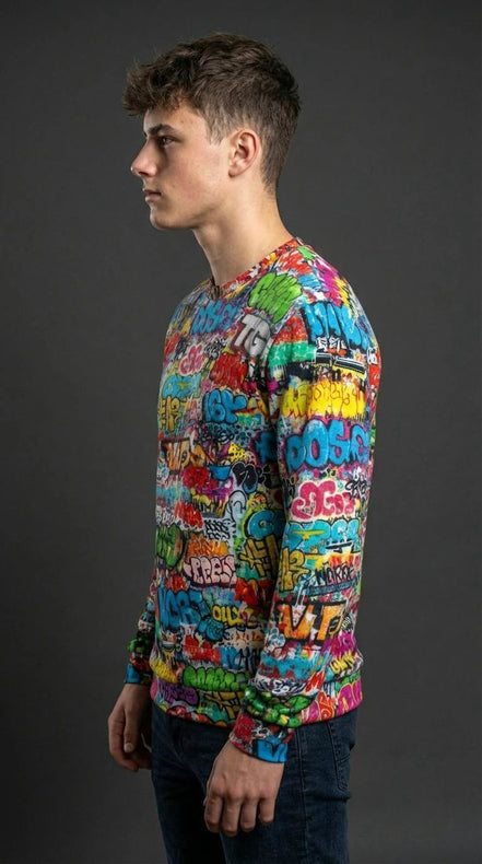 OG Graffiti Tag Sweatshirt, Vibrant All Over Print Crewneck Cotton, Unisex Streetwear Classic Top by Aesthetic Rebellion