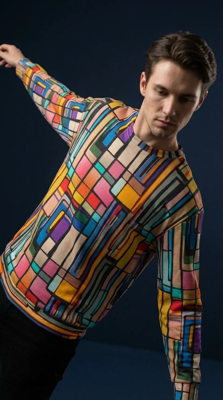 Stained Glass Geometric Sweatshirt Multicolor Abstract Art Block Pattern Unisex Pullover by Aesthetic Rebellion