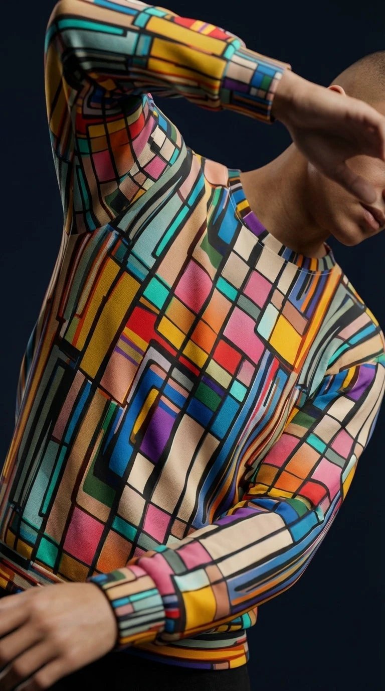 Stained Glass Geometric Sweatshirt Multicolor Abstract Art Block Pattern Unisex Pullover by Aesthetic Rebellion