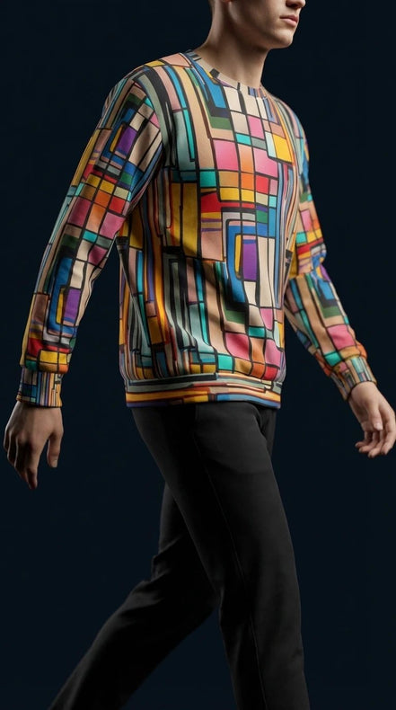 Stained Glass Geometric Sweatshirt Multicolor Abstract Art Block Pattern Unisex Pullover by Aesthetic Rebellion