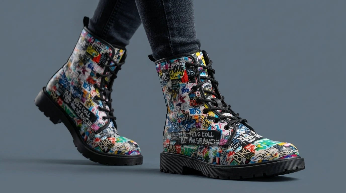 Urban Graffiti Combat Boots – All-Over Print Martin Boots – Maximalist Street Art Footwear by SALE_DESIGN-Personal Design