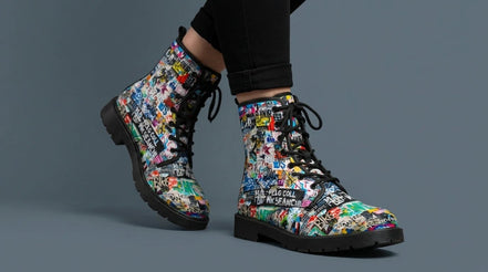Urban Graffiti Combat Boots – All-Over Print Martin Boots – Maximalist Street Art Footwear by SALE_DESIGN-Personal Design