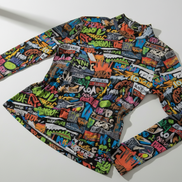 Street Syntax | All-Over Print Graffiti Turtleneck Top – Neon Maximalist Long Sleeve