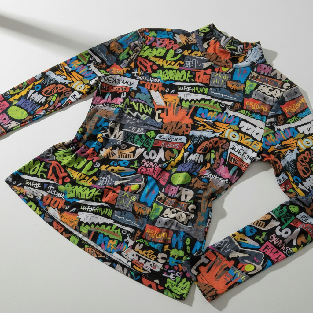 Street Syntax | All-Over Print Graffiti Turtleneck Top – Neon Maximalist Long Sleeve