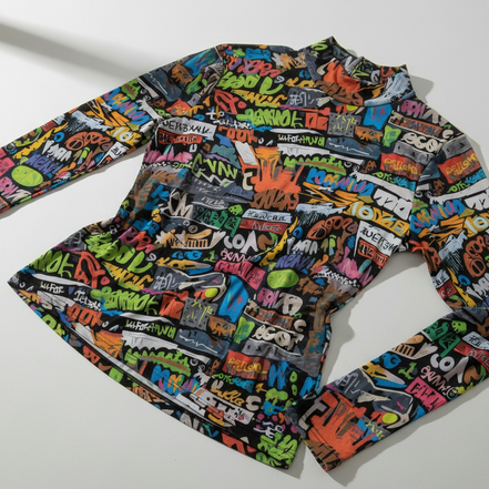 Street Syntax | All-Over Print Graffiti Turtleneck Top – Neon Maximalist Long Sleeve