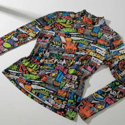 Street Syntax | All-Over Print Graffiti Turtleneck Top – Neon Maximalist Long Sleeve | Aesthetic Rebellion