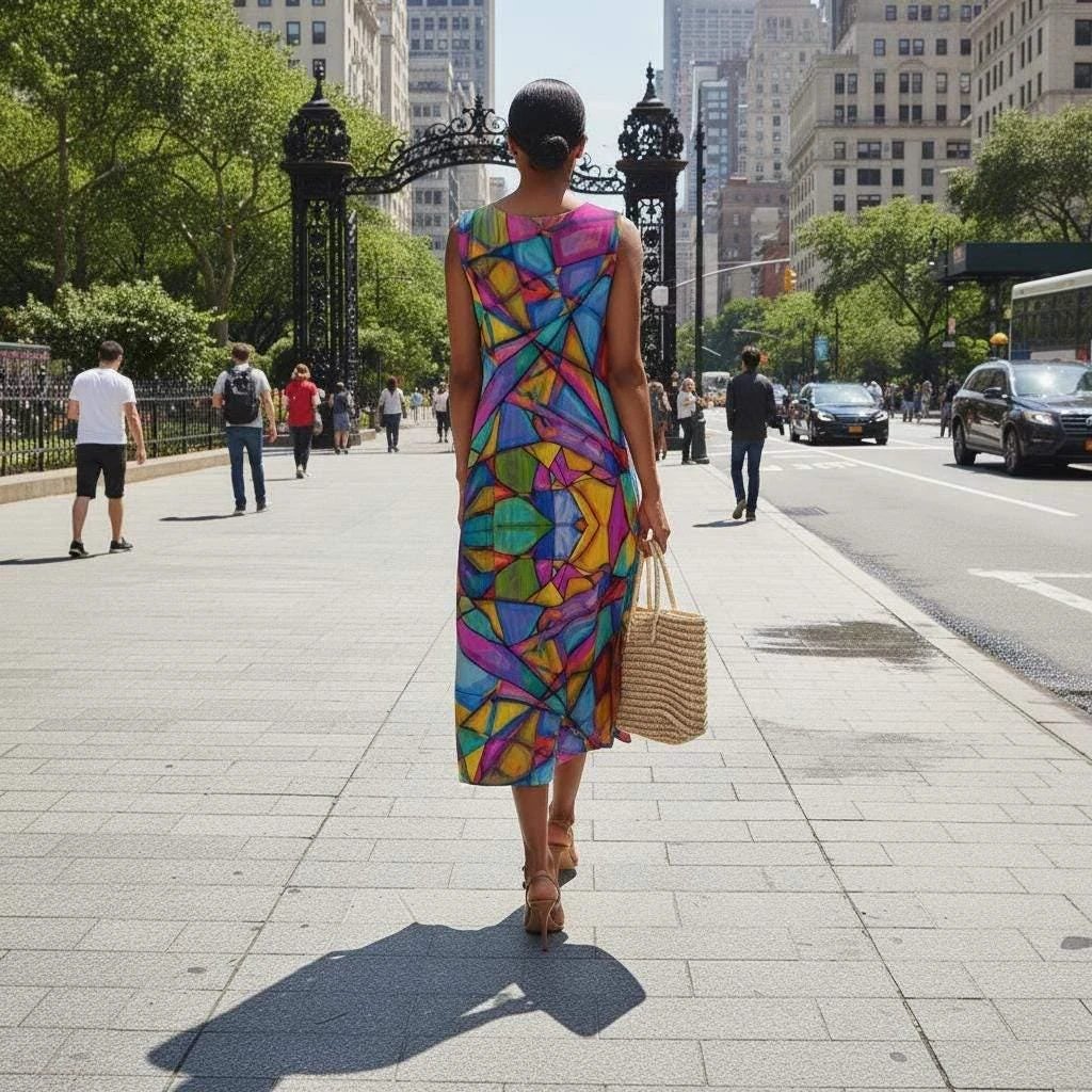 Maximalist Abstract Slub Cotton Summer Dress - Artistic Sleeveless Midi for Creative Fashion by Aesthetic Rebellion
