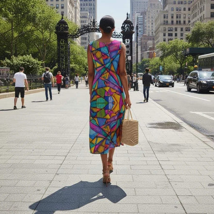 Maximalist Abstract Slub Cotton Summer Dress - Artistic Sleeveless Midi for Creative Fashion by Aesthetic Rebellion