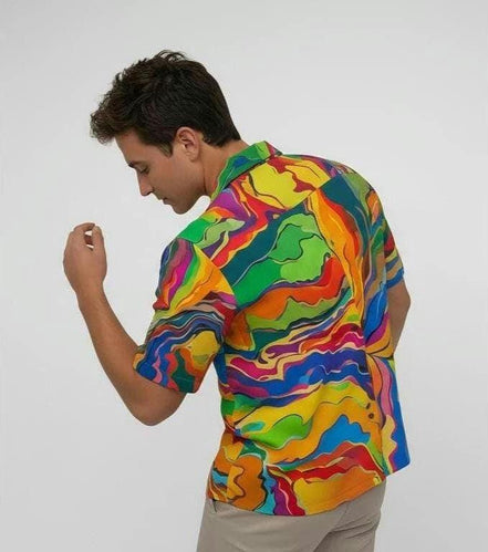 Psychedelic Swirl Camp Shirt - Vibrant Maximalist Hawaiian Shirt for Summer Festivals by Aesthetic Rebellion