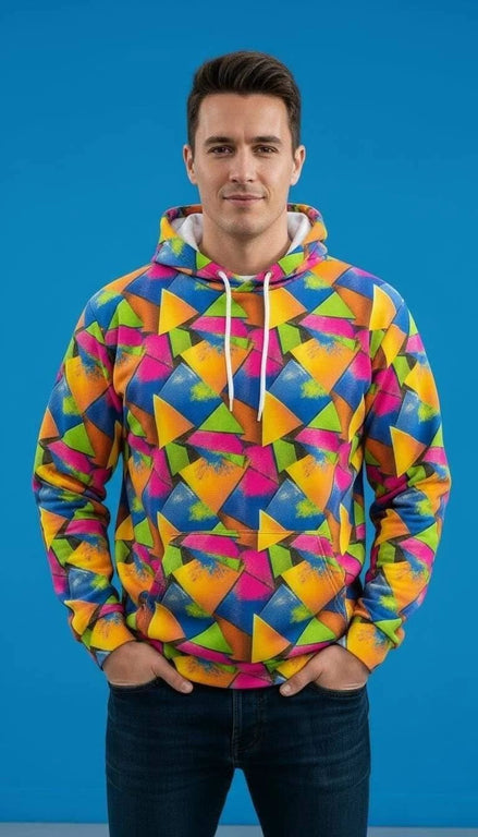 Vibrant Geometric Triangle Print Hoodie - Bold Maximalist Streetwear Pullover for Rave Style by Aesthetic Rebellion