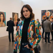 Urban Crowd Faces Designer Blazer - Bold All-Over Print Cotton Suit Jacket for Creatives by Aesthetic Rebellion