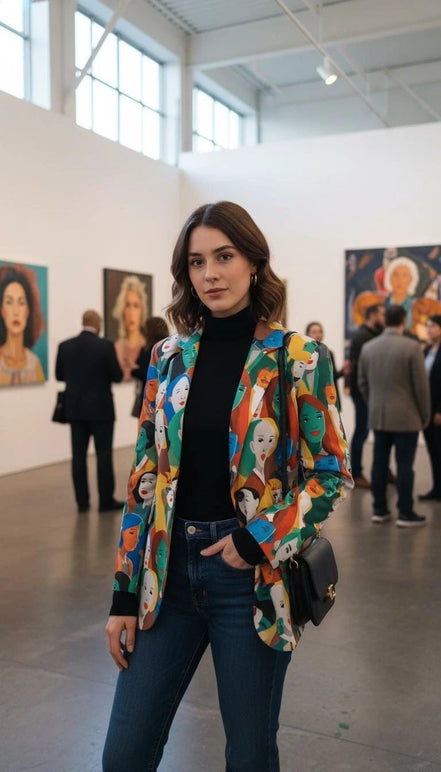 Urban Crowd Faces Designer Blazer - Bold All-Over Print Cotton Suit Jacket for Creatives by Aesthetic Rebellion