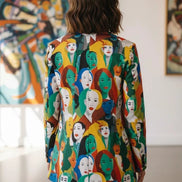 Urban Crowd Faces Designer Blazer - Bold All-Over Print Cotton Suit Jacket for Creatives by Aesthetic Rebellion