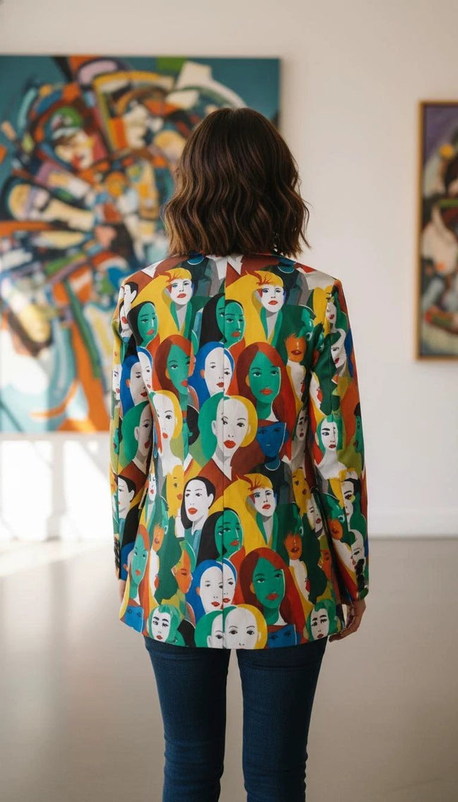 Urban Crowd Faces Designer Blazer - Bold All-Over Print Cotton Suit Jacket for Creatives by Aesthetic Rebellion