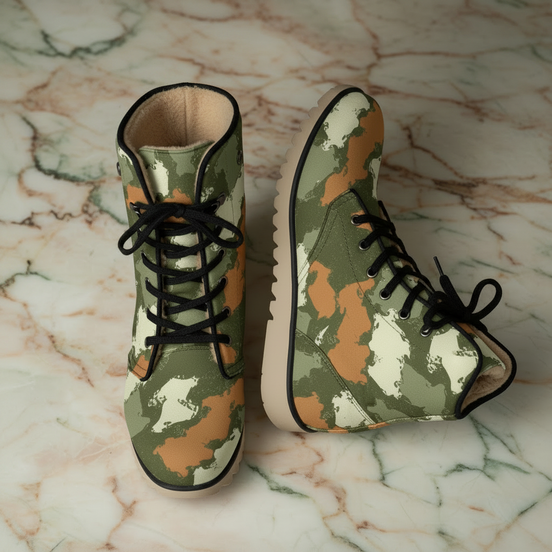 Glitch Camo Combat Boots for Urban Explorers — Concrete Jungle AOP Martin-Style Boots, Plush-Lined Winter Footwear, Alt Fashion, Men's Wearable Art